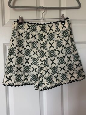 Zara Cream Shorts with Dark Green Embroidered Tile Motif